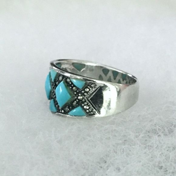 Vintage Sterling Turquoise Marcasite Inlay Ring 7.75 - Picture 5 of 12